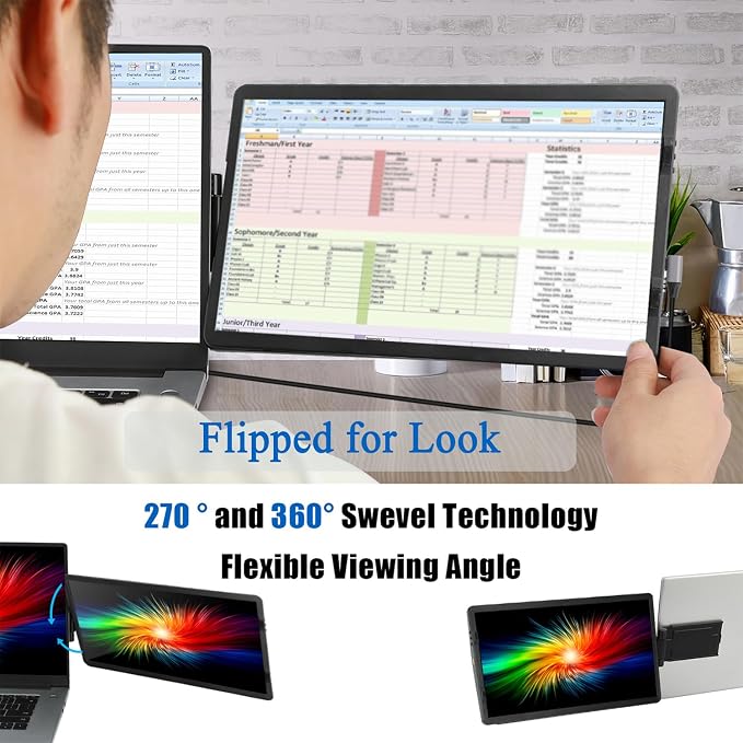 11.6'' Multi-Swivel Laptop Monitor Extender, Attachable Protable Monitor, External Computer Screen Exended Connected by HDMI Or Type-C USB C Cable Fit All Laptop, Black