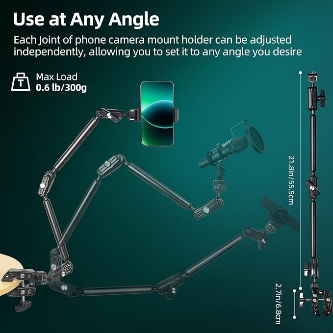 22" Magic Arm Clamp, Overhead Phone Mount Holder Stand, Flexible Desk Camera Mount, Articulating Friction Boom Arm with 1/4" 3/8" Threads for Phone, DSLR, Action Camera,Filming, Light, Webcam, Mic