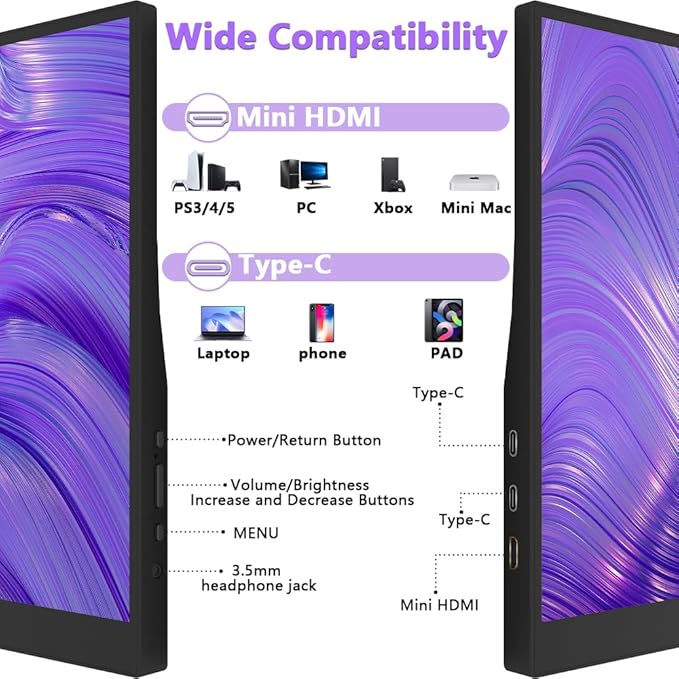 16" Portable Monitor 1200P 16:10 IPS Laptop Screen Extender, USB-C HDMI External Second Monitor with HDR, Built-in Stand & Speakers,VESA Compatible Portable Monitor for Laptop PC Mac Phone Xbox PS5
