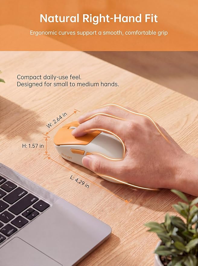 hunart H6 49g Wireless Mouse, Bluetooth & 2.4GHz Rechargeable Mouse, Lightweight Silent Ergonomic Mouse with USB-C Charging, Portable Right-Hand Office Mouse for Laptop, PC, MacBook, Office(Orange)