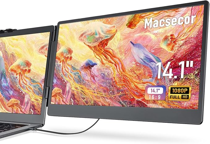 Macsecor 14.1'' Laptop Screen Extender, 1080P FHD IPS Portable Dual Monitor for Laptop, USB C HDMI Plug-Play Monitor Extender for Triple Display for MacOS/Windows, Fits 13-17.3" Laptops