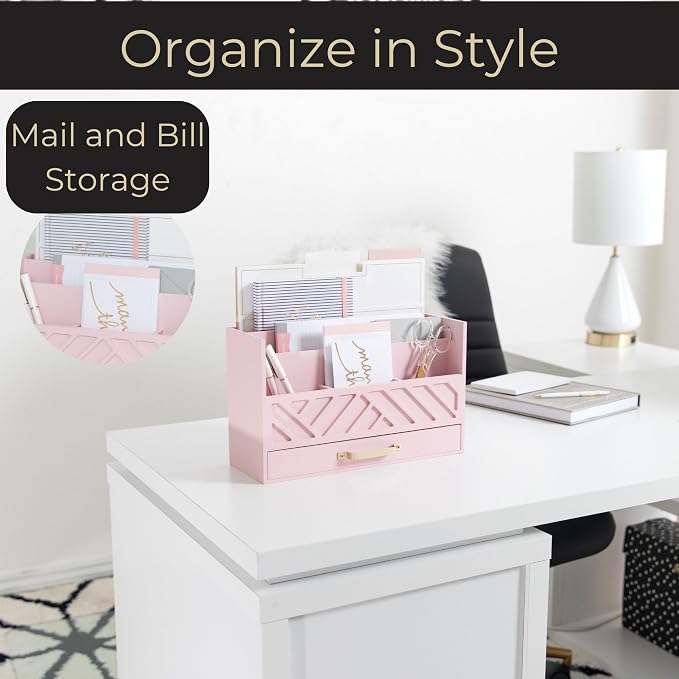 BLU MONACO | Pink Desk Organizers Wooden Mail Organizer with Drawer | Mail Sorter Organizer Countertop Gold Handle | Desk Organizers and Accessories Pink Office Storage