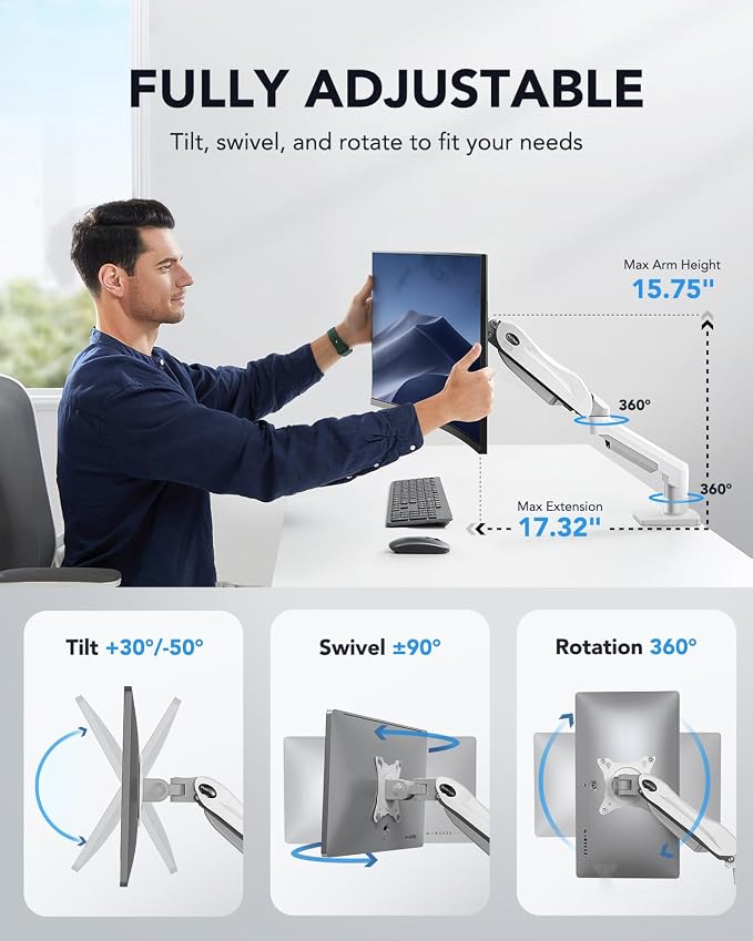 HUANUO Single Monitor Mount, 13 to 32 Inch Gas Spring Monitor Arm, Adjustable Stand, Vesa Mount with Clamp and Grommet Base - Fits 4.4 to 19.8lbs LCD Computer Monitors