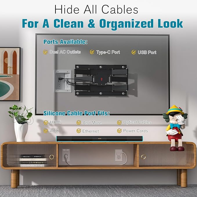 TV Cord Hider for Wall Mounted TV, in-Wall Cable Management Kit, Outlet Box– Dual Outlet Cord Hider with TypeC/USB Power Port & Low Voltage Support, Includes Drywall Saw, Template & Extension Cable