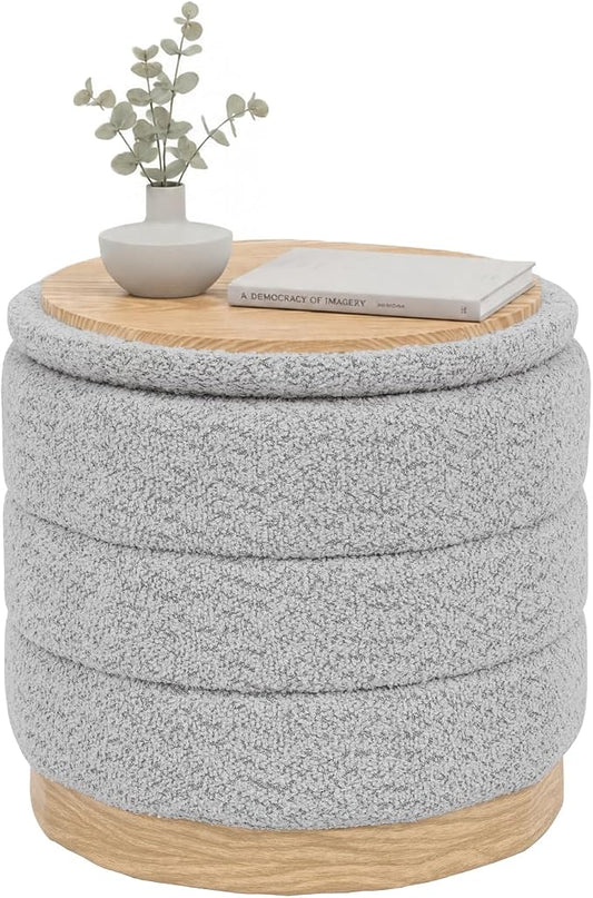 B FSOBEIIALEO Round Storage Ottoman with Tray, Folding Ottoman with Storage Coffee Table Foot Rest for Dorm Room Living Room Chenille Fabric,Sliver Grey,15.35"x15.35"x14.57"