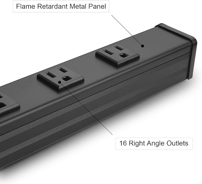 CCCEI Long Heavy Duty Metal Power Strip, 16 Outlet Large Industrial Multi Wide Strip for Garage Workshop, Extension Cord with Multiple Outlets, 15A, 125V, 1875W. 15 FT, Black.