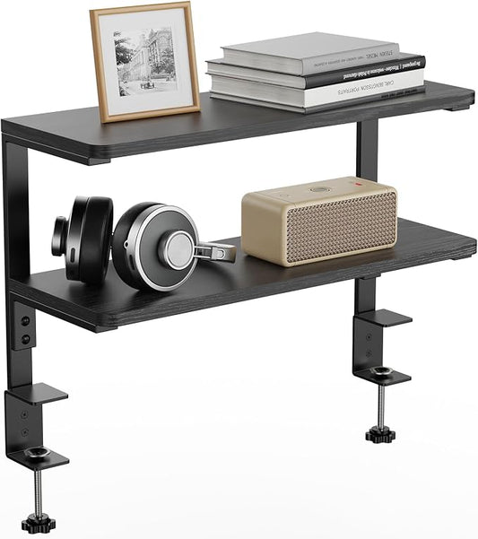 2-Tier Desk Extender, 22-inch Clamp-On Desk Shelf, Height-Adjustable Desktop Shelf Organizer for Monitors Office and Gaming Accessories, Arm Support Table Extension, Black