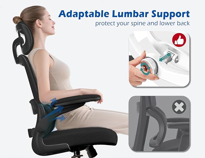 TRALT Ergonomic Office Chair - Desk Chair with Adjustable Headrest Lumbar Support Computer Chair - Mesh Comfy Chair with Flip-up Armrests - Gaming Chairs for Adults Home Office (Leather, Black)