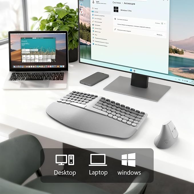 MOFII Wireless Ergonomic Keyboard & Mouse Combo – Split Curved Keyboard with Wrist Rest (All-Day Comfort) + Wireless Vertical Ergonomic Optical Mouse, Compatible with PC/Laptop/Desktop