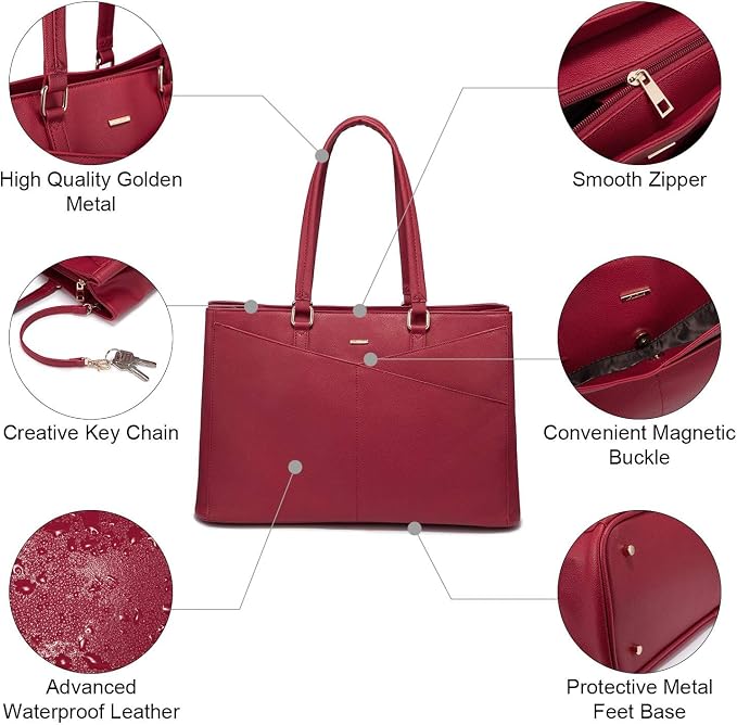 LOVEVOOK Laptop Bag for Women 15.6 Inch Tote Bags Waterproof Leather Briefcase Computer Women Business Office Work Bag,Red