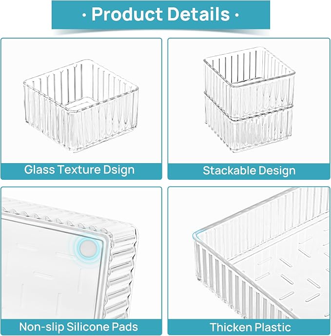Vtopmart 7 PCS Clear Drawer Organizers Bins, 4-Size Stackable Makeup and Vanity Drawer Organizer Trays, Acrylic Bathroom Drawer Storage Containers for Cosmetic, Office Supply, Kitchen Utensils Gadgets