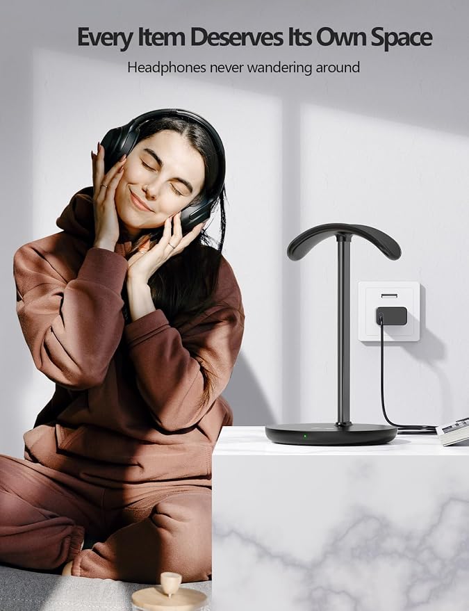 Miroddi Headphone Stand with Wireless Charger, Independent USB Charging Port, 5 in 1 Charging Station Headset Holder Rack for AirPods Max/Pro/4/3/2, iWatch, iPhone, Samsung and Desk Headphones, Black