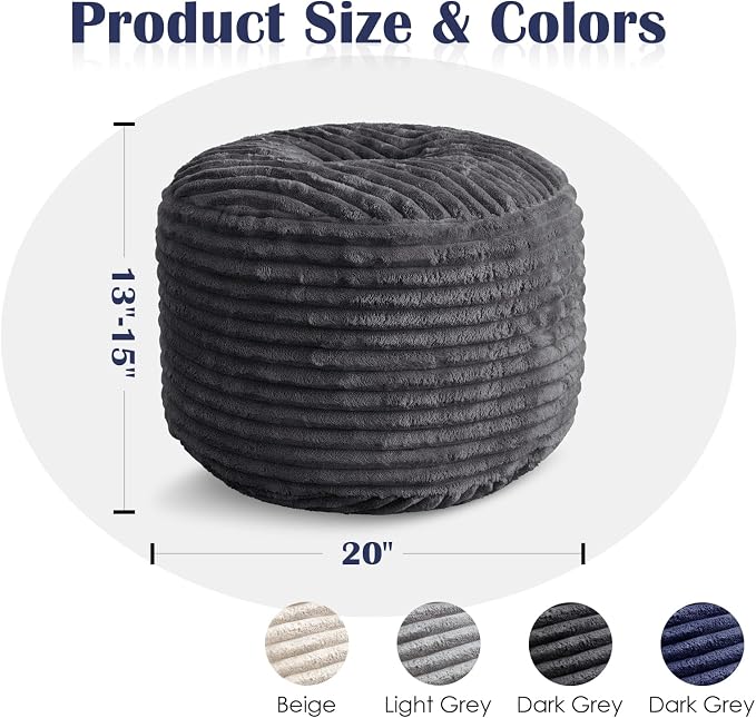 Round Ottoman,Corduroy Pouf Ottoman Foot Rest,Storage Footstool for Living Room,20x15 Soft Floor Poufs,Memory Foam Filling - Dark Grey, 20x15 in