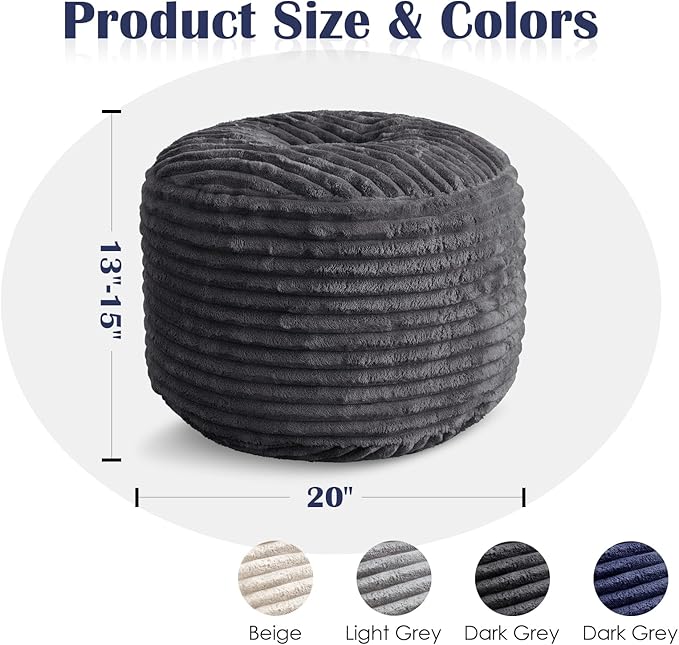 SHOUREN Stuffed Round Ottoman,Corduroy Pouf Ottoman Foot Rest with Foam Filling,Pouf Storage Ottoman Footstool for Living Room,20 X 15 Floor Poufs for Couch - 20 X 15 Inches,Dark Grey