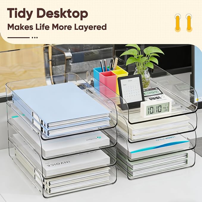 HIYOHIYO 4-Tier Clear A4 Paper Organizer for Office Desk, Stackable Desktop Letter Papers Tray, Acrylic Desk Paper Holder, Large Capacity File Folder Organizer, Vertical Style
