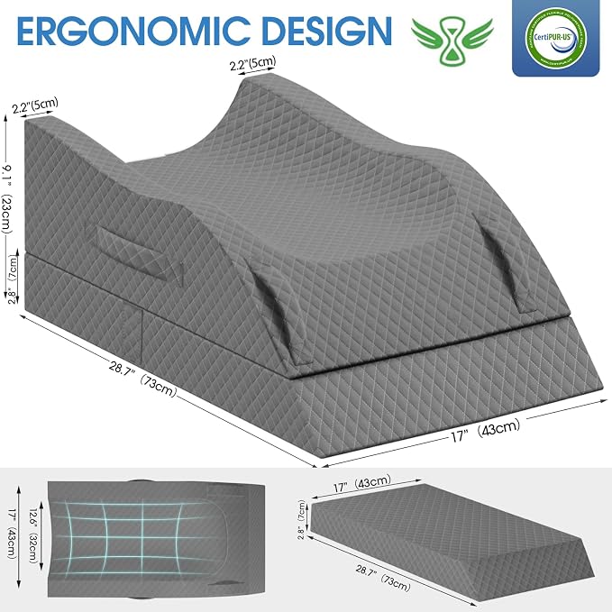 TranquilRelax Elevation Pillows for Leg After Surgery, Memory Foam Adjustable Wedge Pillow for Injury or Rest, Ankle Pillow for Sleeping Blood Circulation Full Grey/Double Leg