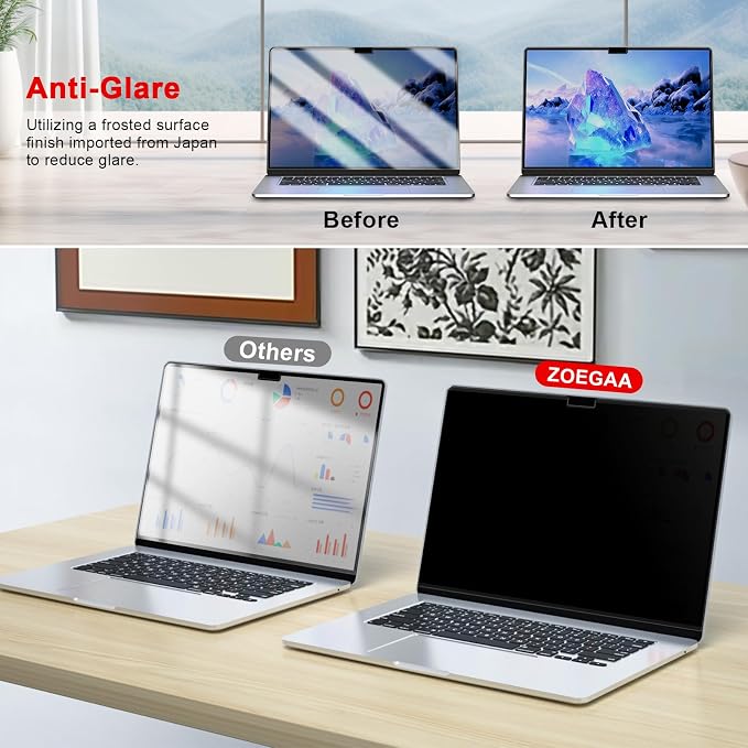 ZOEGAA Magnetic Privacy Screen for Macbook Air 15 Inch (2023-2026, M2, M3, M4, M5), Removable Laptop Privacy Screen Protector, Anti Blue Light Glare Filter for Mac Air 15.3" Laptop Computer