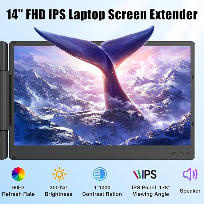 KEFEYA Laptop Screen Extender, 14" 1080P FHD IPS Laptop Monitor Extender for Home Office, Dual Travel Monitor for Laptops 13-17.3", USB-C HDMI Plug-Play for macOS Windows PS Switch Xbox Phone Pad