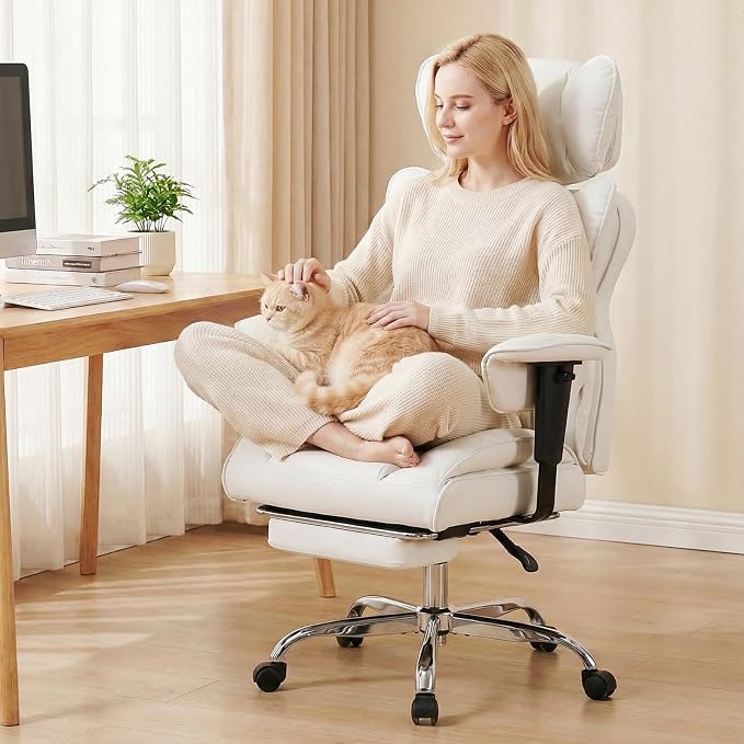 DUMOS Big and Tall Home Office Desk Chair, Gaming Computer Chair, Executive Ergonomic Chair with Footrest, High Back Reclining, Adjustable Armrests and Comfy Lumbar Support, PU Leather, White