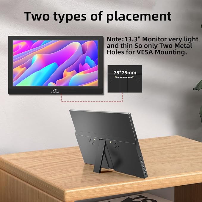 Kenowa Portable Monitor 13.3 Inch - HD 1366x768P LED Display External Monitor with USB C HDMI, Built-in Speakers Second Screen for Laptop Phone Mac PC PS4 Xbox