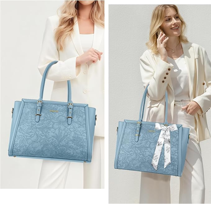 MOSISO Laptop Bag for Women, 17-17.3 inch PU Leather Tote Bag Compatible with MacBook, HP, Dell, Asus Notebook, Front Embossed Retro Hibiscus Computer Bags with Silk Scarf&Clutch Purse, Air Blue