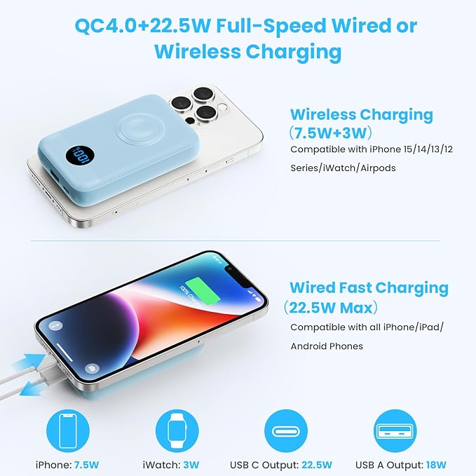 GKUTW Magnetic Portable Charger for iPhone and Apple Watch, 10800mAh 25W PD Fast Charging Power Bank, Dual-Side Magnet Design Travel Essentials Battery Pack for iPhone 17/16/15/14/13/12 (Sky Blue)
