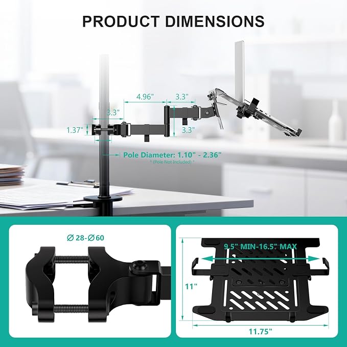 WALI Laptop Pole Mount, Adjustable Laptop Arm Holder Fits 10"-15.6" Laptops, 2-in-1 Full Motion Monitor Mount with Removable Tray, VESA 75x75 or 100x100 mm, Holds up to 15.4lbs(011ARMLPN), Black