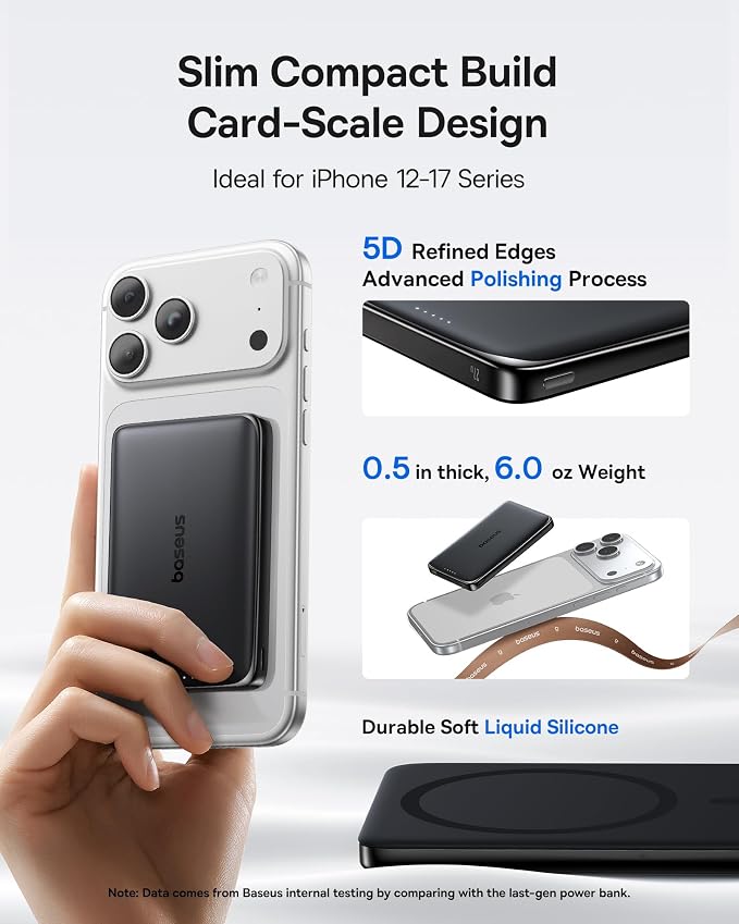 Baseus Picogo Power Bank, 0.5" Ultra Slim 10000mAh MagSafe Portable Charger, Upgraded CCC Certified 27W Fast Charging Magnetic Battery Pack, Alloy Wireless Charger for iPhone 17/16/15/14/13/12