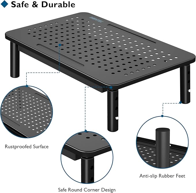 BONTEC 1 Pack Adjustable Monitor Stand Riser with Drawer, Ergonomic Mesh Platform Computer Monitor Stand for Desk, Ventilated Laptop and PC Stand with Cable Management, Supports up to 44lbs