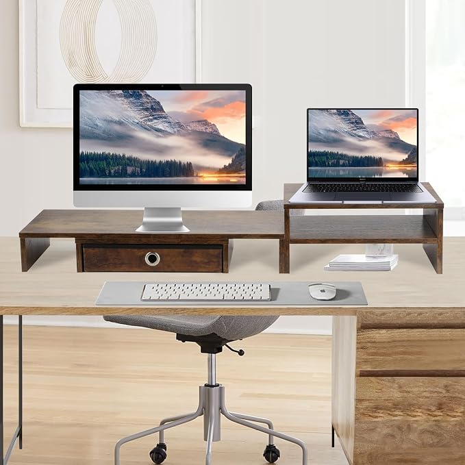 Monitor Riser for 3 Monitors, Dual Monitor Stand for Desk, Triple Monitor Stand with Drawer, Dual Monitor Stand with Storage, Extra Long Triple Monitor Riser up to 52", Angle Adjustable, Rustic Brown