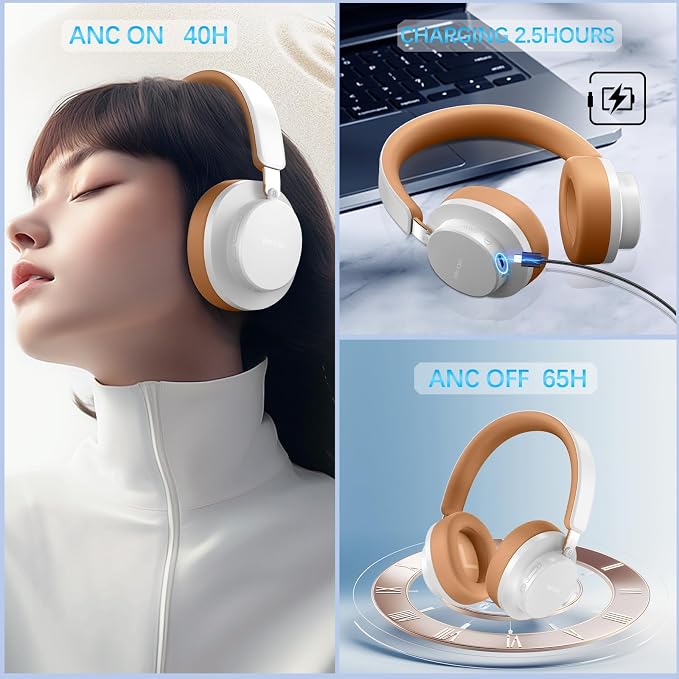 Over Ear Headphones Wireless Bluetooth, Noise Cancelling Headphones Bluetooth with Microphone, Cancelling Wireless Headphones Over Ear, 65h Playtime, Clear Calls, Comfort Fit For Travel (Grey Brown)
