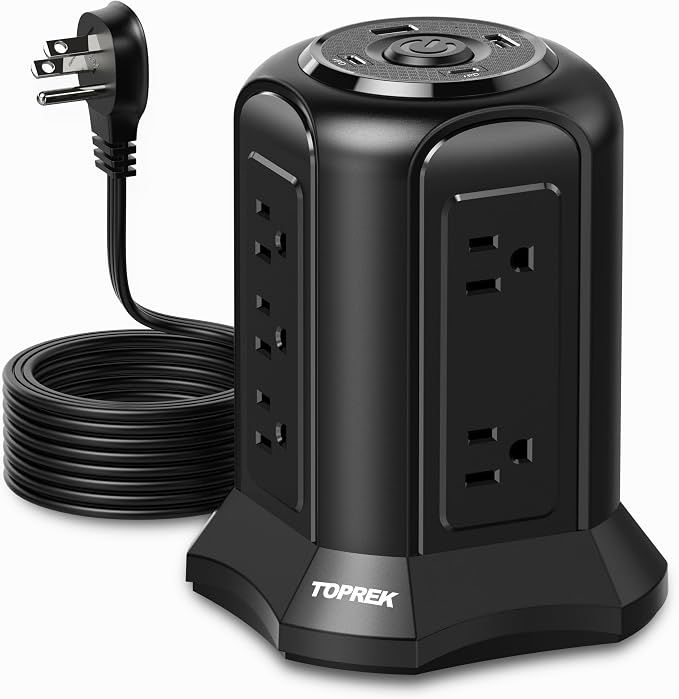 TOPREK Power Strip Surge Protector Tower (2100J) – 10 Outlets, 2 USB-C (20W PD3.0 Fast Charging), 2 USB-A, Flat Plug 6.5FT Extension Cord for Home Office, Dorm, and Multiple Devices Charging Station