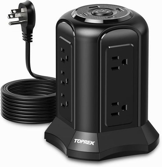 TOPREK Power Strip Surge Protector Tower (2100J) – 10 Outlets, 2 USB-C (20W PD3.0 Fast Charging), 2 USB-A, Flat Plug 6.5FT Extension Cord for Home Office, Dorm, and Multiple Devices Charging Station