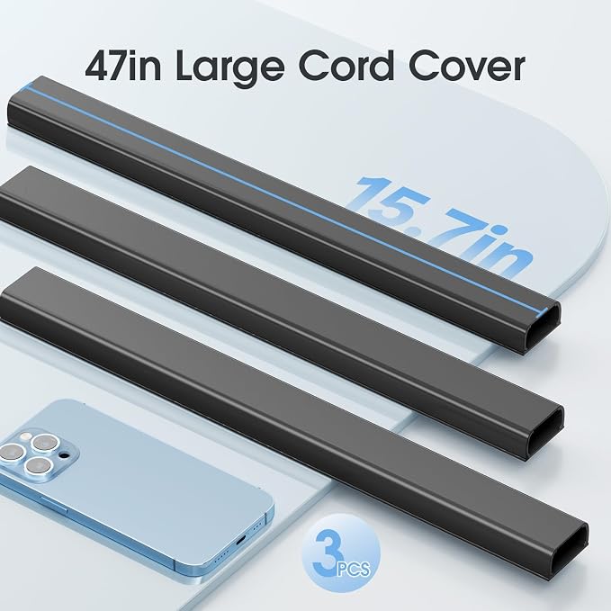 Large Cord Hider - 47in Wire Hiders for TV on Wall, Paintable Cable Hider, X-Large Cable Management Kit, Cord Hiding for Wall, W1.6in H0.8in, Black