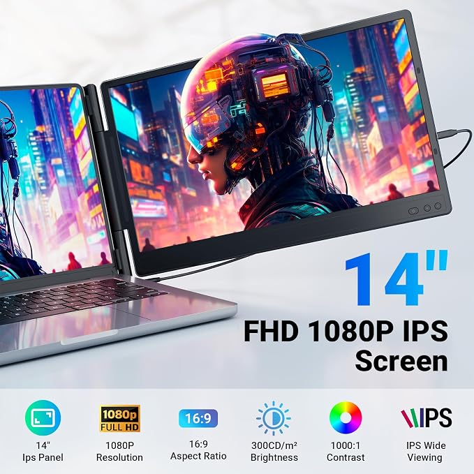 Ygretyrjh Laptop Screen Extender, 14" Triple Portable Monitor for Laptop, 1080P FHD IPS Screen Extender Monitors for 13"-17", Travel Monitor for Mac/Windows/Chrome, Built-in Speakers