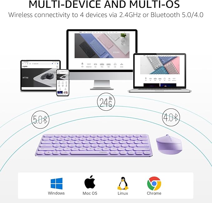 Rapoo Multi-Device Keyboard and Mouse Combo, 2.4GHz/Bluetooth 5.0/4.0 Wireless Keyboard & Mouse Set for Windows/Mac/Linux/Chrome, Support 4 Devices, Low-Profile Silent Click, Battery Powered, Purple