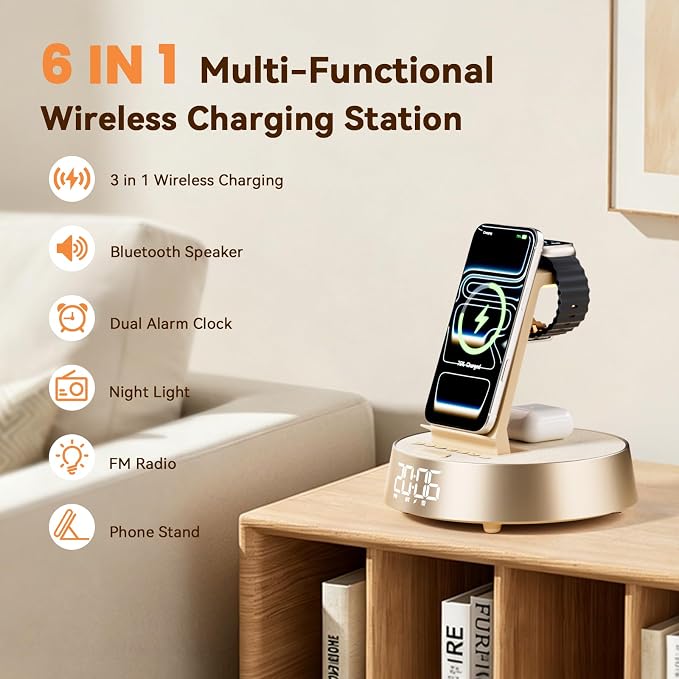 6 in 1 Wireless Charging Station with Alarm Clock, Bluetooth Speaker, FM Radio, Night Light for Bedroom Office, Wireless Charger Dock Station for iPhone 17 16 15 14 13 12 Pro Max,Apple Watch, AirPods