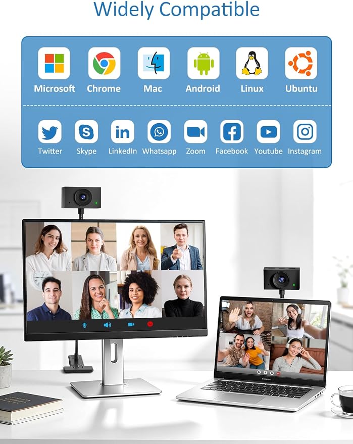Webcam for PC, 2K Streaming Camera, Web Camera for Desktop/Laptop Computer Webcam with Microphone, Plug and Play USB Web Cam with Bracket, Manual Focus, for Live Streaming, Video Calls (Black, 2K)