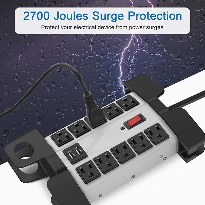 CCCEI Heavy Duty Power Strip with USB Ports, Garage 10 Outlets Surge Protector 2700 Joules, Industrial Workshop Metal 15Amp Multiple Outlets, 5 FT Extension Cord and Wide Spaced Grey.