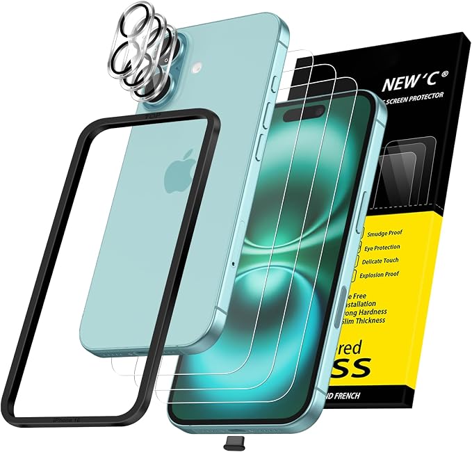 NEW'C 3x for iPhone 16 Screen Protector (6.1 inches)+ 3x Camera Lens Protector, Sensor Protection, Case Friendly Tempered Glass Film + Dust Plug- Easy installation tool include
