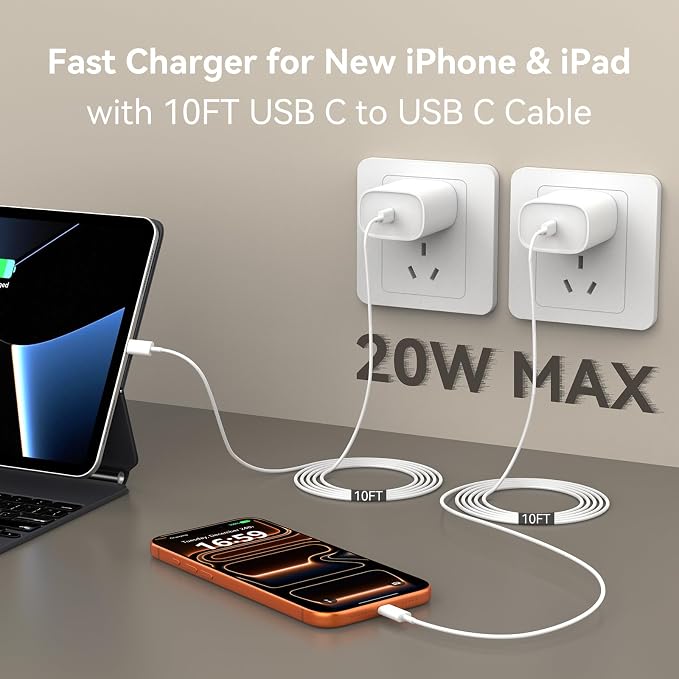 Phone 17 16 15 Charger Fast Charging, 6.6 FT Long USB C Charger Cord with 20W Type C Fast Phone Charging Block forPhone 17/17 Pro/17 Pro max/Air/Phone 16 15 Pro Max Plus, iPad, Android,White