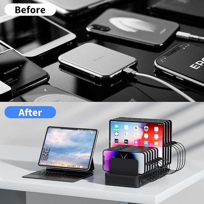 60W Charging Station for Multiple Devices, 10-Port USB Fast Charging Station with Adjustable Dividers - Device Organizer Charging Dock for iPhone, Android, iPad, Tablets & More