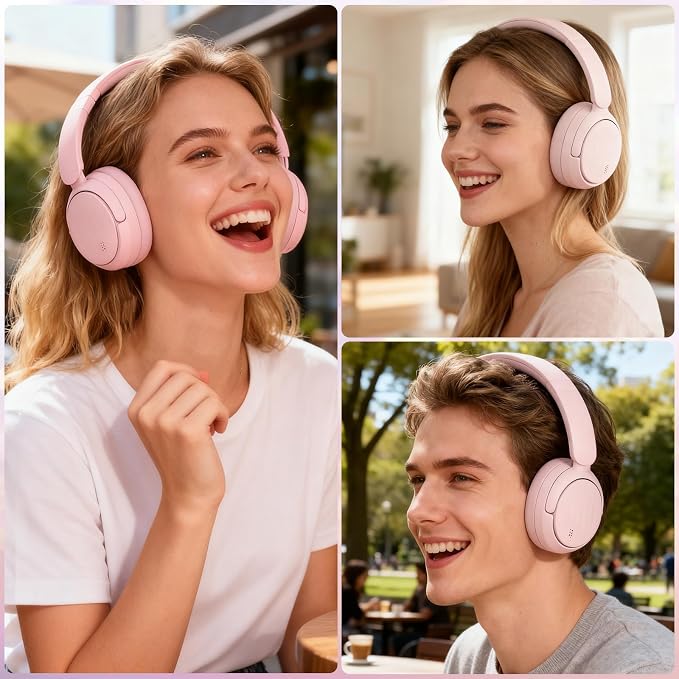 Bluetooth Headphones with Active Noise Cancelling (ANC), Wireless Over Ear Bluetooth Headsets with 35H Playtime, HiFi Stereo Foldable Headphones with Foam Ear Cups for Sports, Travel, Pink
