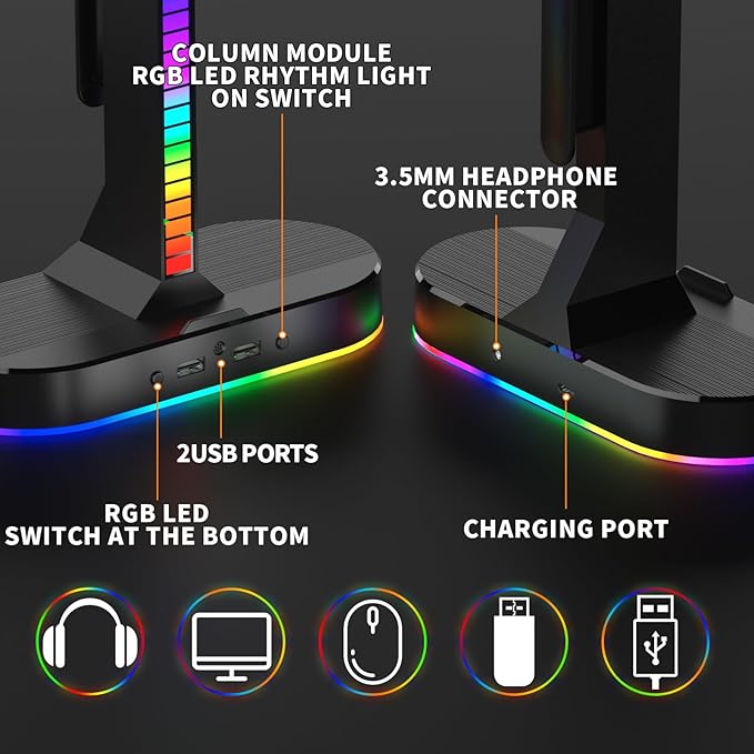 RGB Headphone Stand - Dual Gaming Headset Holder with 3 USB Charging Station and 3.5mm Audio Port,8 Light Modes, Suitable for Gaming, Wireless Earphone Display, Gamer Gifts for Men (Black)