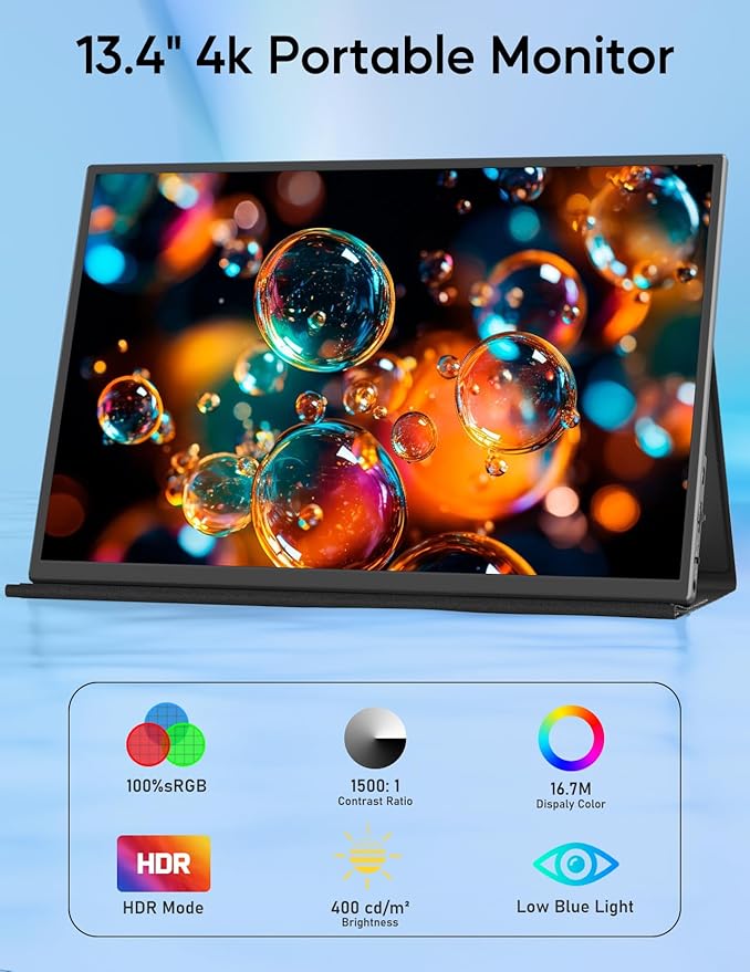 4K Portable Monitor, 13.4" 3840 * 2400 IPS Portable Monitor for Laptop, Slim Lightweight HDR Travel Screen USB-C HDMI w/Smart Cover for Laptop PS5/4 Xbox