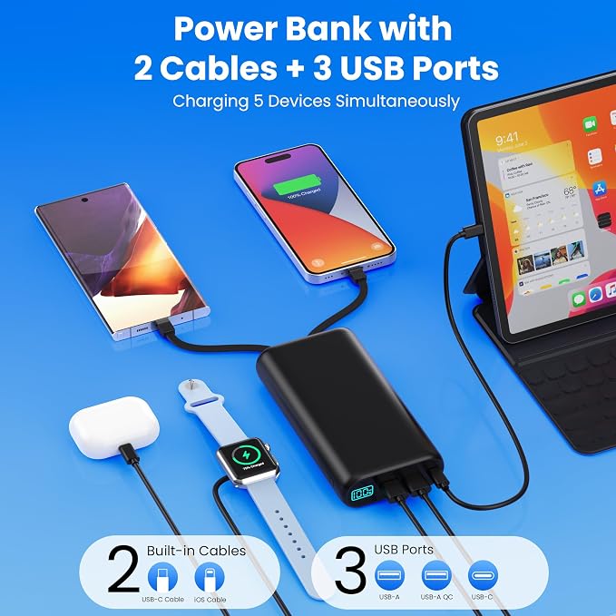 Portable Charger 40800mAh Power Bank with Built-in Cables,25W PD USB C Fast Phone Charging,5 Outputs External Battery Pack Backup,Travel Essential Outdoor for iPhone 17/16/15,Android Galaxy etc