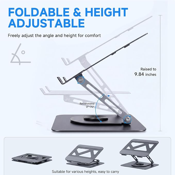 Leeboom Adjustable Laptop Stand for Desk, Ergonomic Height Adjustable Riser, Lecterns & Podiums, 360 Rotating & Foldable, Ventilated Cooling, Fits up to 17.3" Laptops (Gaming Laptops), Dark Silver