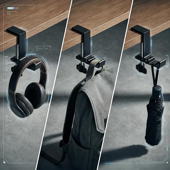 Aluminum Alloy Foldable Headphone Stand for Desk , Headphone Holder - Headset Stand Hook Mount, PC Gaming Headset Holder Under Desk Clamp for Office, Computer, Student Class Table, Handmade Table