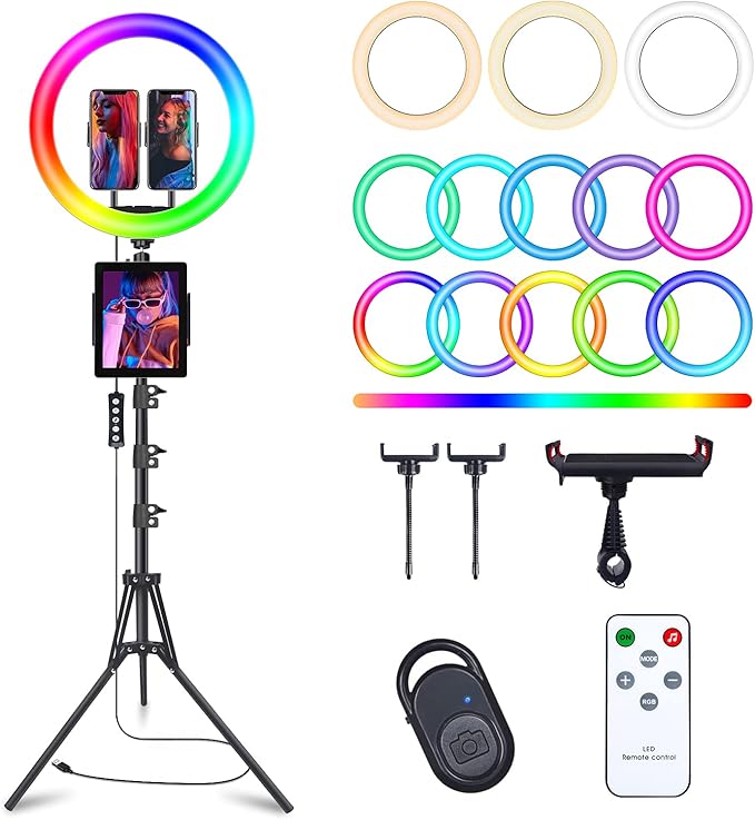 13" Selfie Ring Light with 76" Tripod Stand & 3 Phone Holder, LED Camera Ringlight with 48 RGB Colors Modes & Musical Rhythm Mode and 12 Brightness Dimmable for Makeup/Photography/Videos/Vlog/TikTok