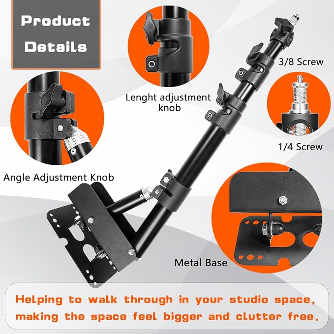 Wall Mounting Triangle Boom Arm for Ring Light, Support 180° Flexible Rotation, 21.7-45.6in Adjustable Length, Save Space, for Monolight, Softbox, Umbrella and Reflector